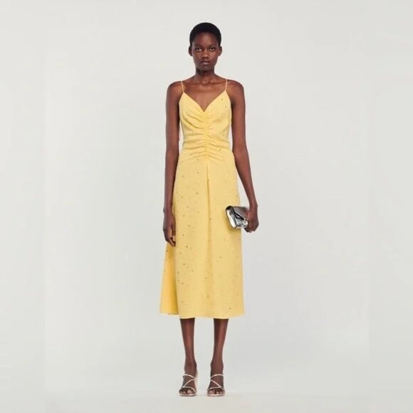 NWT | Sandro Praline Strass V Neck Low Back Woven Dress Yellow Orange EU38 US6 - Picture 1 of 6
